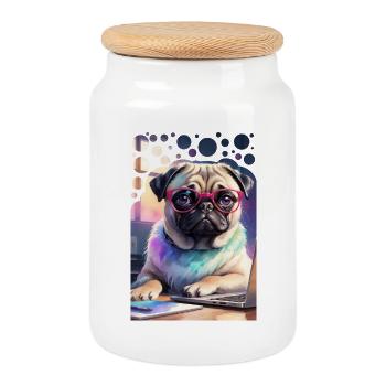 Office Dog Pug with Laptop and Pink Glasses Pop Art - Cookie Jar with Wooden Lid - white - Front