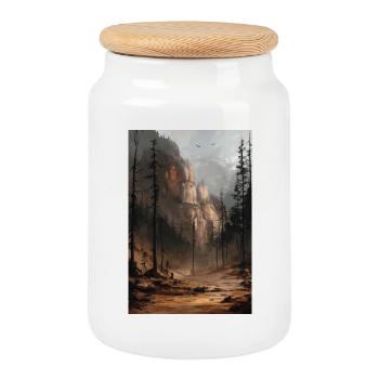 Poster Illustration Paysage de Montagne - Boîte à biscuits avec couvercle en bois - blanc - Devant