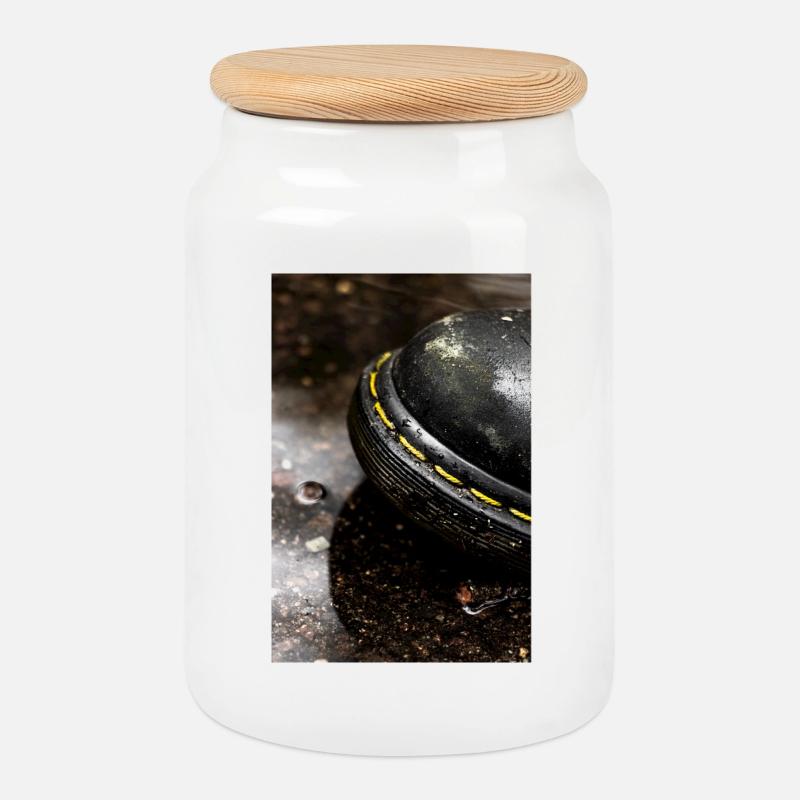 Black Mud Rubber Boots - Cookie Jar with Wooden Lid - white