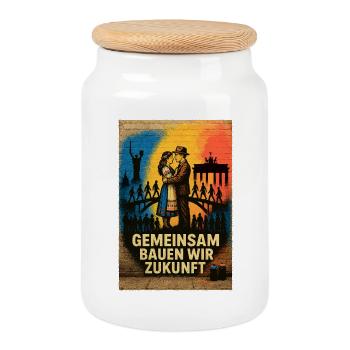 Gemeinsam Brücken bauen Ukraine / Deutschland - Keksdose mit Holzdeckel - Weiß - Vorne