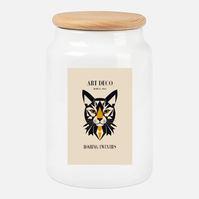 Art Deco Cat - Cookie Jar with Wooden Lid - white