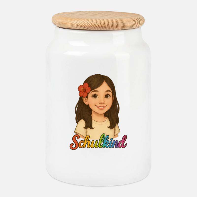 Schulkind Mädchen mit Blüte – Einschulung Motiv - Keksdose mit Holzdeckel - Weiß