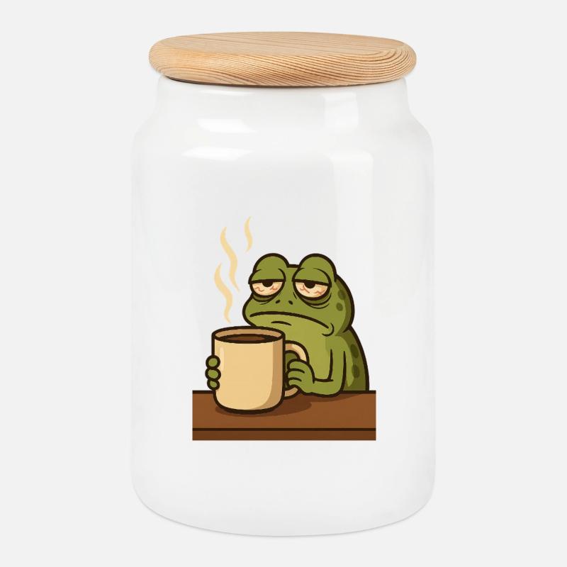 Frosch mit Kaffee - Keksdose mit Holzdeckel - Weiß
