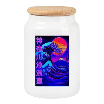 Big Wave Kanagawa Neon Style - Vaporwave - Cookie Jar with Wooden Lid - white - Front