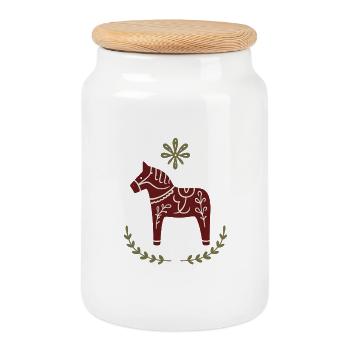 Dala Pferd – Skandinavisches Folk Art Design - Keksdose mit Holzdeckel - Weiß - Vorne