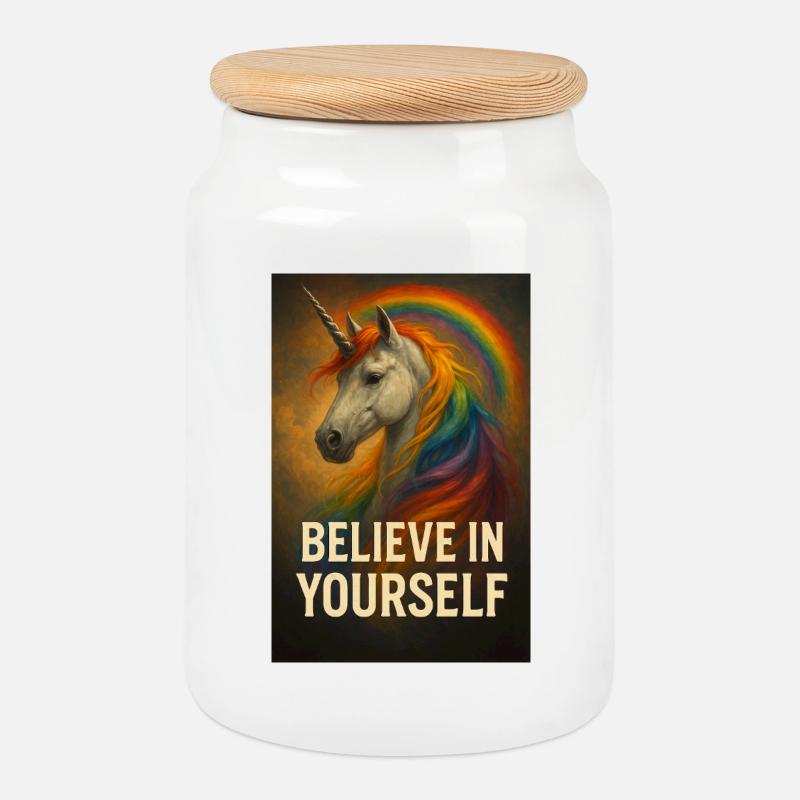 Glaub an dich selbst Einhorn Regenbogen - Keksdose mit Holzdeckel - Weiß