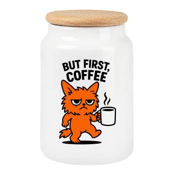 But first coffee cat - Cookie Jar with Wooden Lid - white - Front