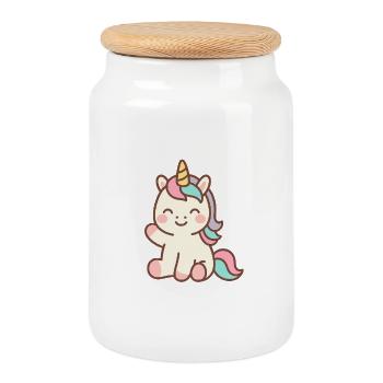 Niedliches Einhorn im Kawaii-Stil sitzend und lächelnd - Keksdose mit Holzdeckel - Weiß - Vorne
