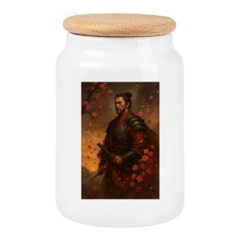 Samurai im Kirschblütensturm - Keksdose mit Holzdeckel - Weiß - Vorne