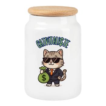 CATPITALIST - Kawaii Cat Humor - Cookie Jar with Wooden Lid - white - Front