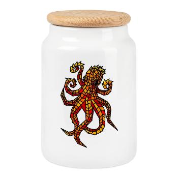 Fiery Mosaic Octopus Design - Cookie Jar with Wooden Lid - white - Front