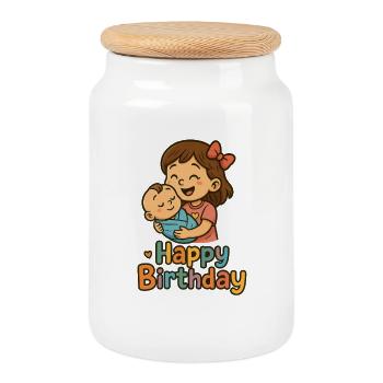 Sincère anniversaire enfants Illustration - Boîte à biscuits avec couvercle en bois - blanc - Devant