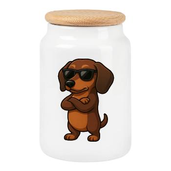 Cool teckel gamer avec bras croisés dessin animé - Boîte à biscuits avec couvercle en bois - blanc - Devant