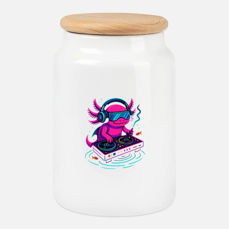 DJ-Axolotl mit Cyperpunk Vibe - Keksdose mit Holzdeckel - Weiß