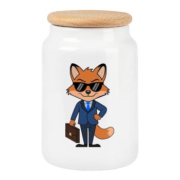 Fox Geschäftsmann eleganter Anzug mit Aktentasche - Keksdose mit Holzdeckel - Weiß - Vorne