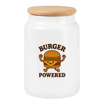 Burger Power Cartoon Design - Cookie Jar with Wooden Lid - white - Front