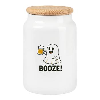 Playful Halloween Ghost Motif with Beer Glass - Cookie Jar with Wooden Lid - white - Front