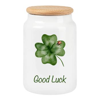 Bonne chance – Trèfle avec coccinelle - Boîte à biscuits avec couvercle en bois - blanc - Devant