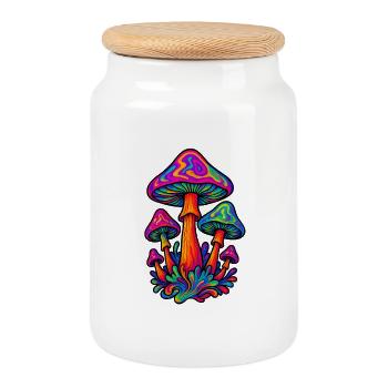 Neon Mushrooms Illustration - Cookie Jar with Wooden Lid - white - Front