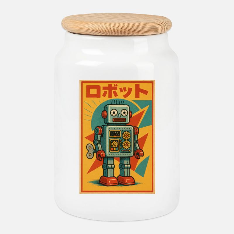 ROBOT Retro Blech Spielzeug Kunstdruck in japanischem Katakana - Keksdose mit Holzdeckel - Weiß