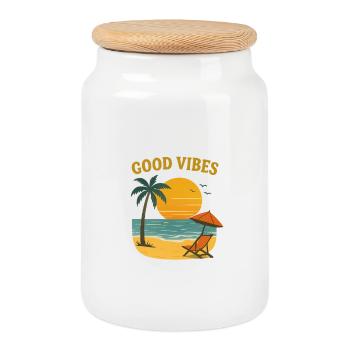 Sunset Beach Motif - Cookie Jar with Wooden Lid - white - Front