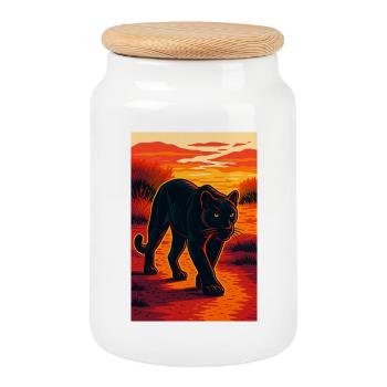 coucher de soleil noir jaguar panthère illustration - Boîte à biscuits avec couvercle en bois - blanc - Devant
