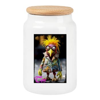 Humorvoller Vogel Künstler Puppe mit bunter Frisur - Keksdose mit Holzdeckel - Weiß - Vorne