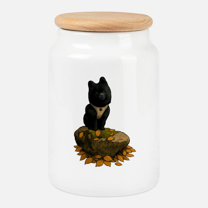 Black Spitz Dog on Tree Trunk - Cookie Jar with Wooden Lid - white