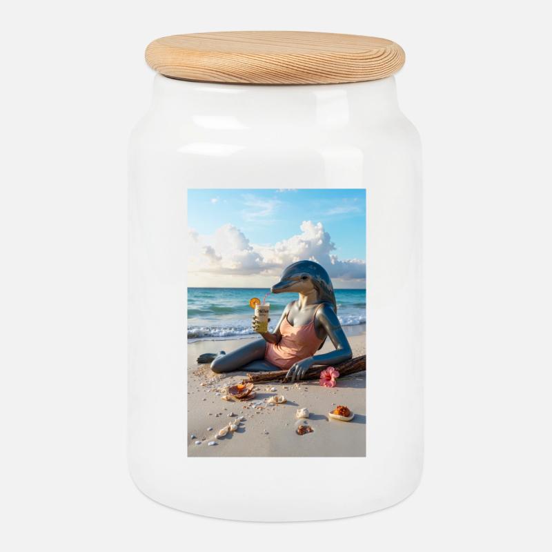 Humanoider Delfin am Strand - Keksdose mit Holzdeckel - Weiß