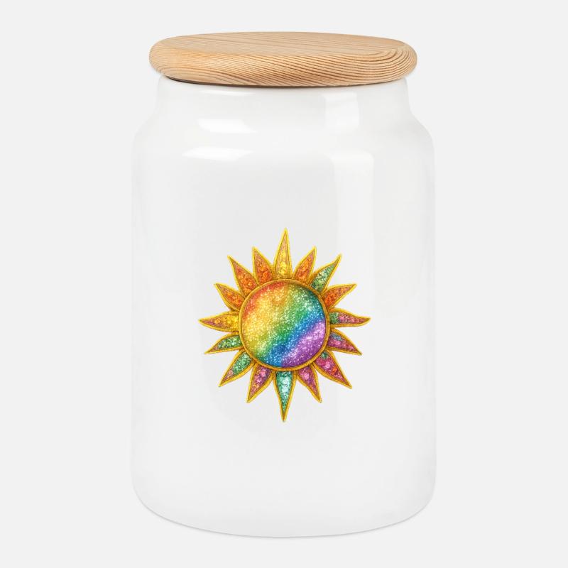 Regenbogen Sunburst Kosmische Anstecknadel - Keksdose mit Holzdeckel - Weiß