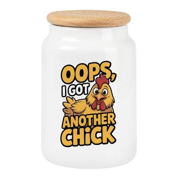 Oups, j’ai un autre poulet | Jeu de mots amusant sur l’agriculture - Boîte à biscuits avec couvercle en bois - blanc - Devant