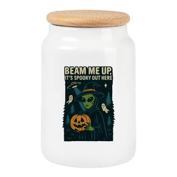 Halloween Alien T-Shirt – Beam Me Up, It's Spooky - Keksdose mit Holzdeckel - Weiß - Vorne