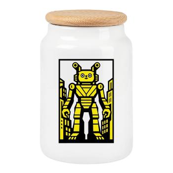 Cat Robot in Urban Landscape - Cookie Jar with Wooden Lid - white - Front