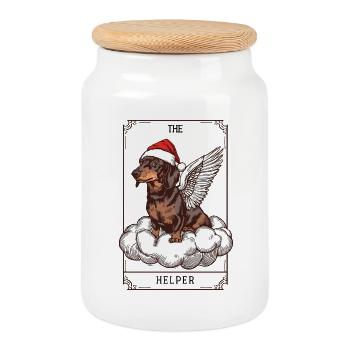 Tarot Xmas Karte – Dackel Hund „The Helper“ - Keksdose mit Holzdeckel - Weiß - Vorne