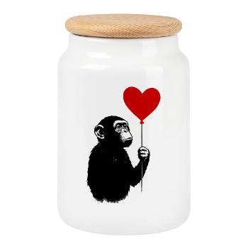 Singe amoureux avec ballon en forme de cœur - Boîte à biscuits avec couvercle en bois - blanc - Devant