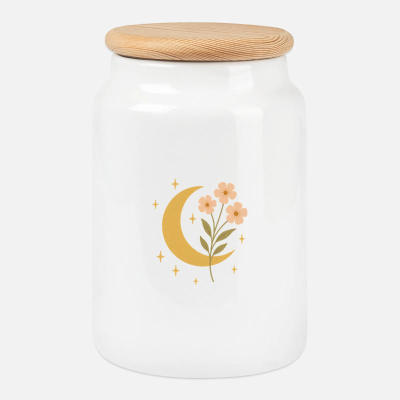 Conception d’illustration de lune et de fleurs - Boîte à biscuits avec couvercle en bois - blanc