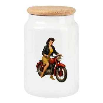 Pin-Up Moto Vintage Design Femme - Boîte à biscuits avec couvercle en bois - blanc - Devant