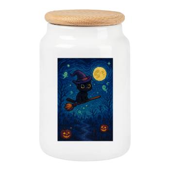 Chat mignon d’Halloween sur balai de sorcière Pixel Art - Boîte à biscuits avec couvercle en bois - blanc - Devant