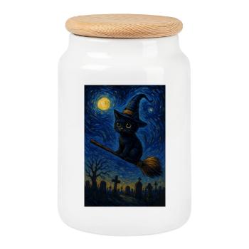 Halloween Chat mignon Nuit étoilée - Boîte à biscuits avec couvercle en bois - blanc - Devant