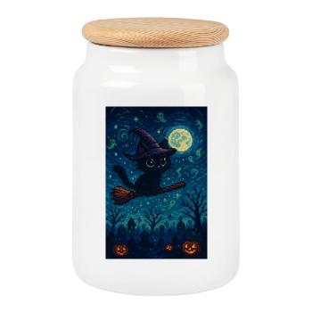 Gaming Halloween Cat as Witch - Cookie Jar with Wooden Lid - white - Front