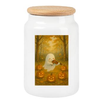 Mignon fantôme d’Halloween en automne - Boîte à biscuits avec couvercle en bois - blanc - Devant