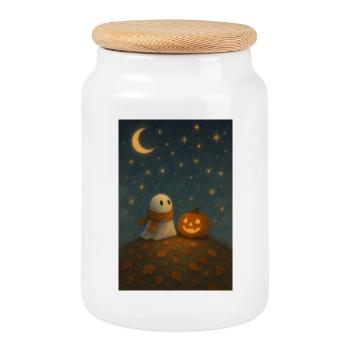 Halloween Geist mit Kürbis - Keksdose mit Holzdeckel - Weiß - Vorne