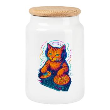 Neon DJ Katze Design - Keksdose mit Holzdeckel - Weiß - Vorne