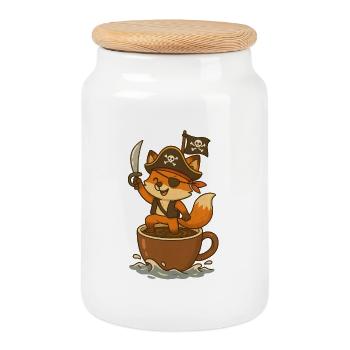 Pirate renard avec cache-œil et drapeau au trésor - Boîte à biscuits avec couvercle en bois - blanc - Devant