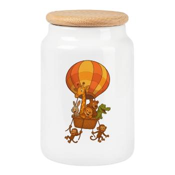 Hot Air Balloon Joyful Animals in Flight Noah's Ark - Cookie Jar with Wooden Lid - white - Front