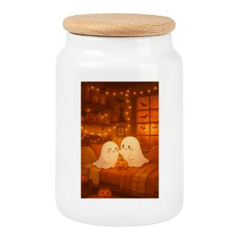 Mignon fantômes d’halloween confortable - Boîte à biscuits avec couvercle en bois - blanc - Devant