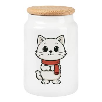 Petit chaton câlin avec une écharpe rouge - Boîte à biscuits avec couvercle en bois - blanc - Devant
