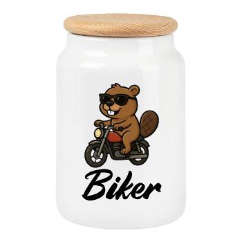 Biber Motorradfahrer mit Sonnenbrille - Keksdose mit Holzdeckel - Weiß - Vorne