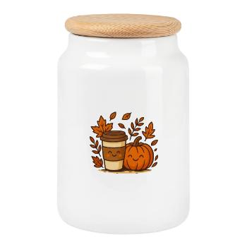 Autumn coffee with pumpkin - Cookie Jar with Wooden Lid - white - Front
