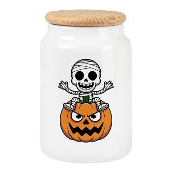 Halloween Skeleton on Pumpkin - Cookie Jar with Wooden Lid - white - Front